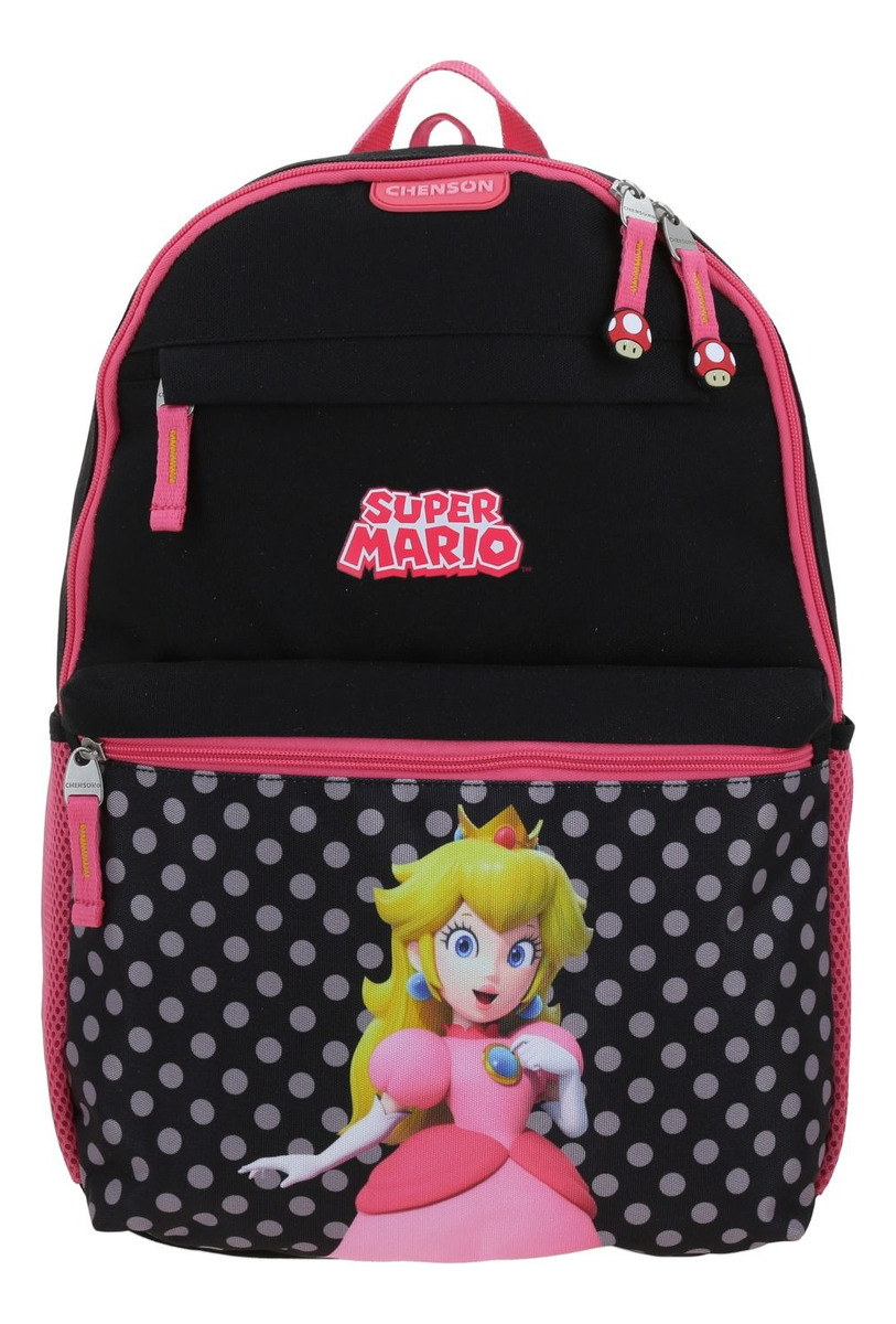 Kit Mochila Lapicera Y Lonchera Chenson Super Mario Loly Peach Negro Y Rosa Escolar Para Niñas 2