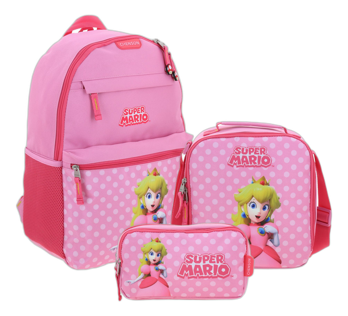 Kit Mochila Lapicera Y Lonchera Chenson Super Mario Loly Peach Rosa Y Rosa Escolar Para Niñas