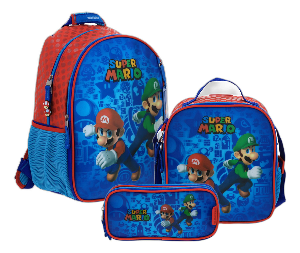Kit Mochila Lapicera Y Lonchera Escolar Super Mario Esquiep Color Azul Niños