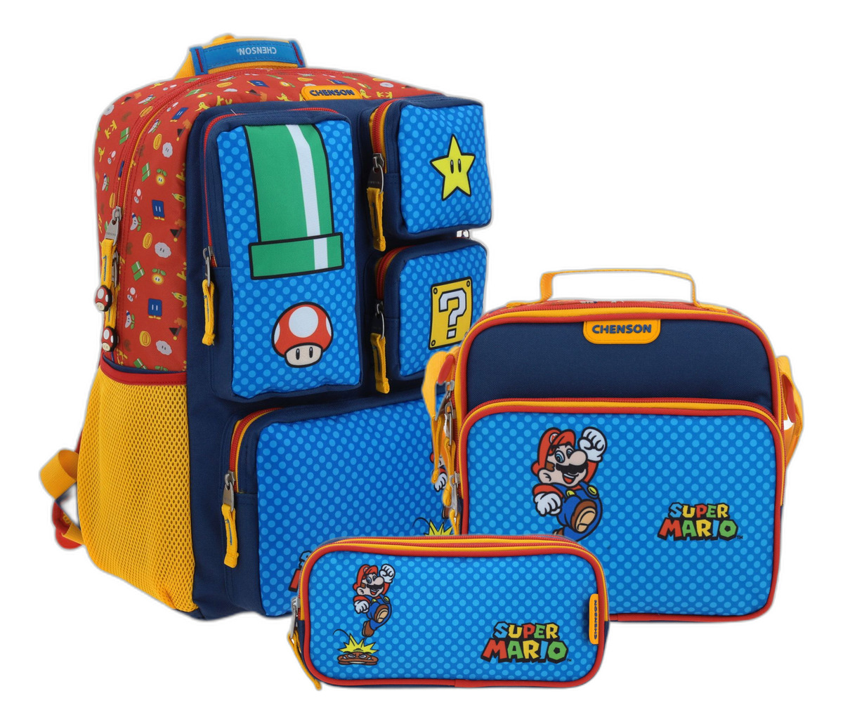 Kit Mochila Lapicera Y Lonchera Escolar Super Mario Onder Color Azul Niños