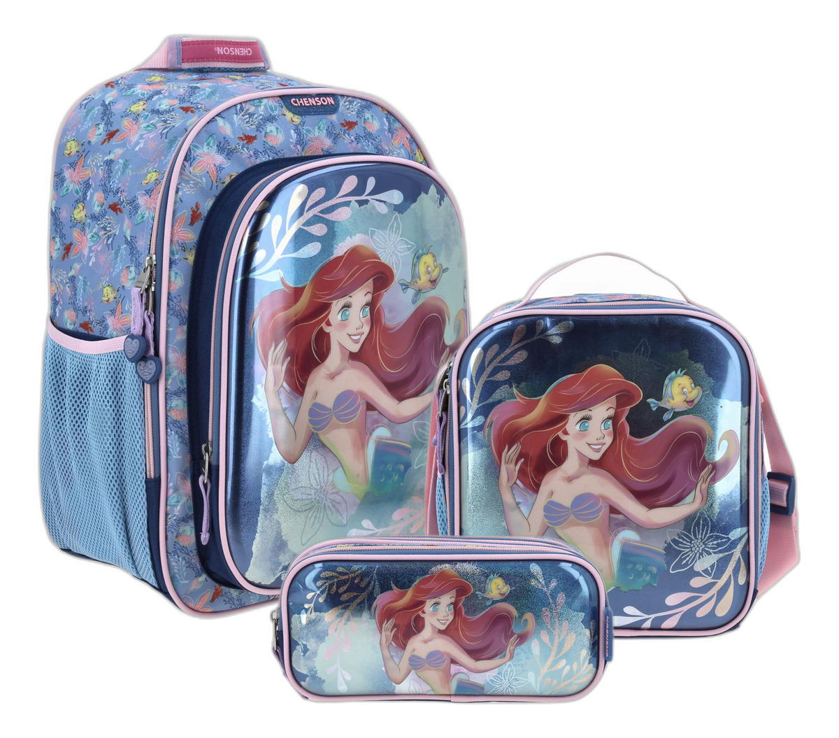 Kit Mochila Lonchera Y Lapicera Chenson Princesas Ariel Color Azul Primaria Pr70152-kc3