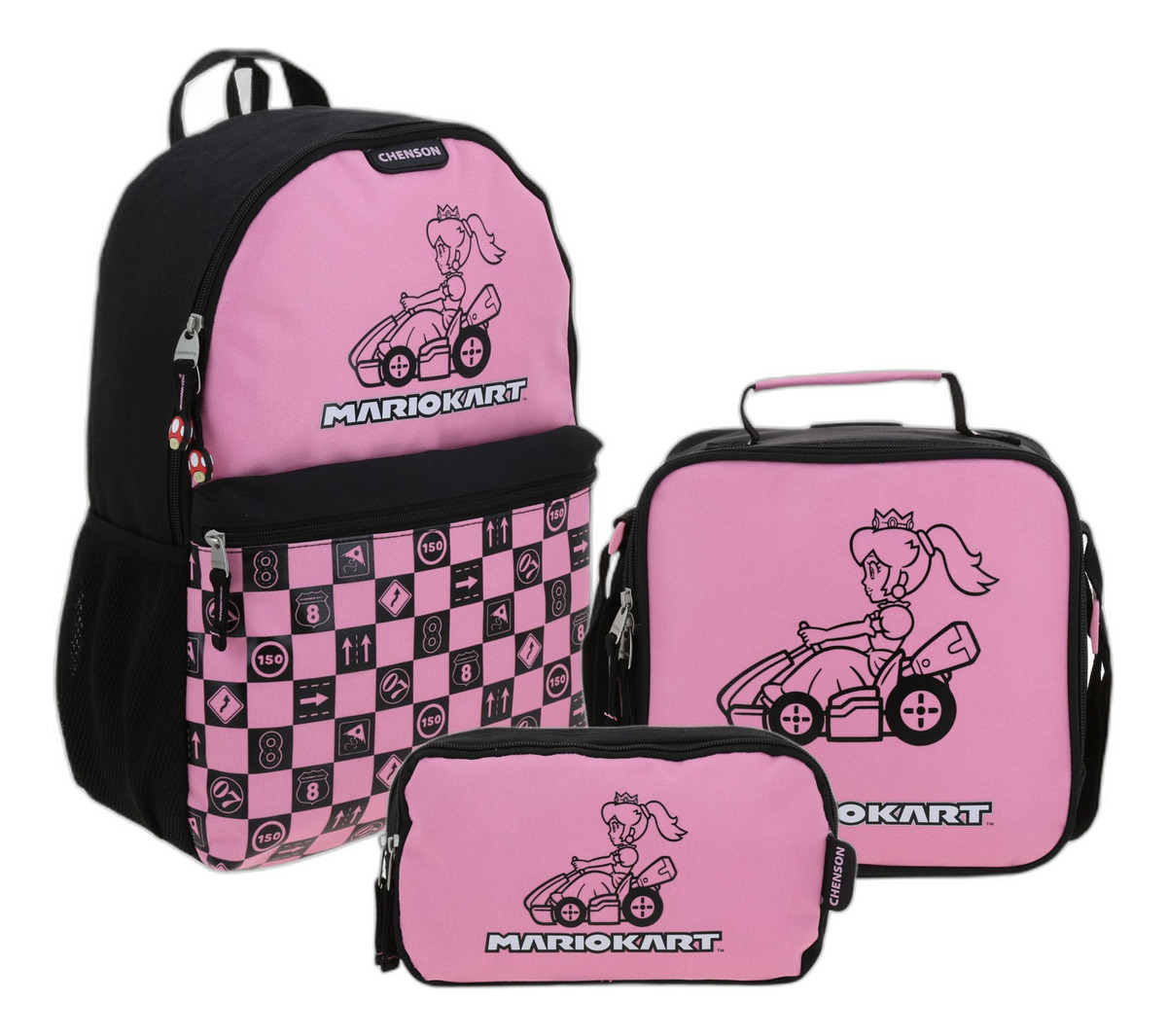 Kit Mochila Lonchera Y Lapicera Chenson Super Mario Peach Gogo Negro Y Rosa Escolar