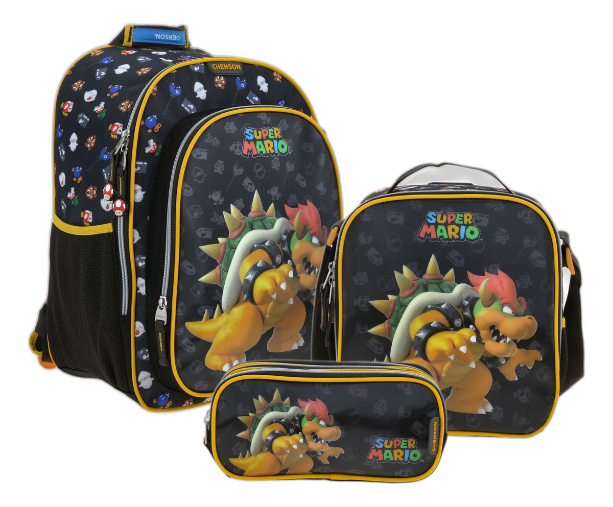 Kit Mochila Lonchera Y Lapicera Chenson Super Mario Woat Escolar Negro Mb70711-kc3