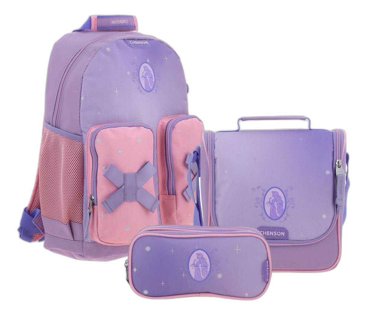 Kit Mochila Lonchera Y Lapicera Escolar Chenson Stardust Princesas Color Violeta Pr70631-kc3