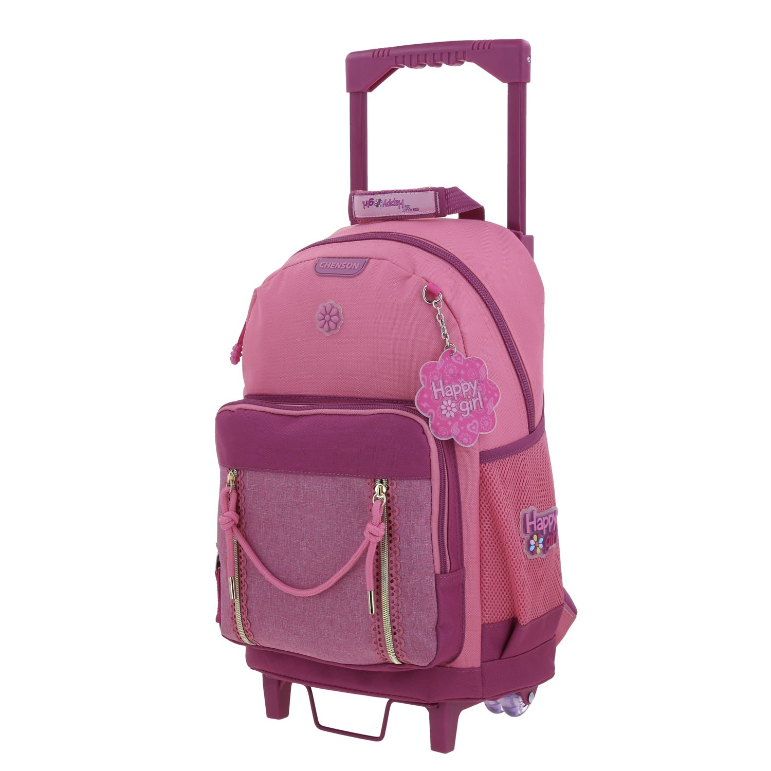 Mochila con Ruedas Happy Girl Rosa para Niña con Divertidos Detalles 2