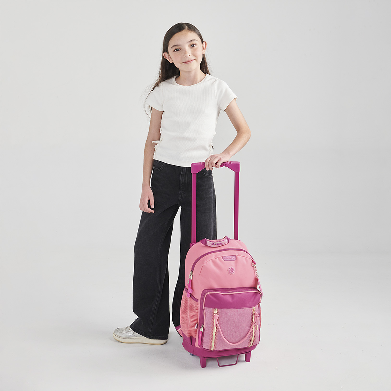 Mochila con Ruedas Happy Girl Rosa para Niña con Divertidos Detalles - vista 2