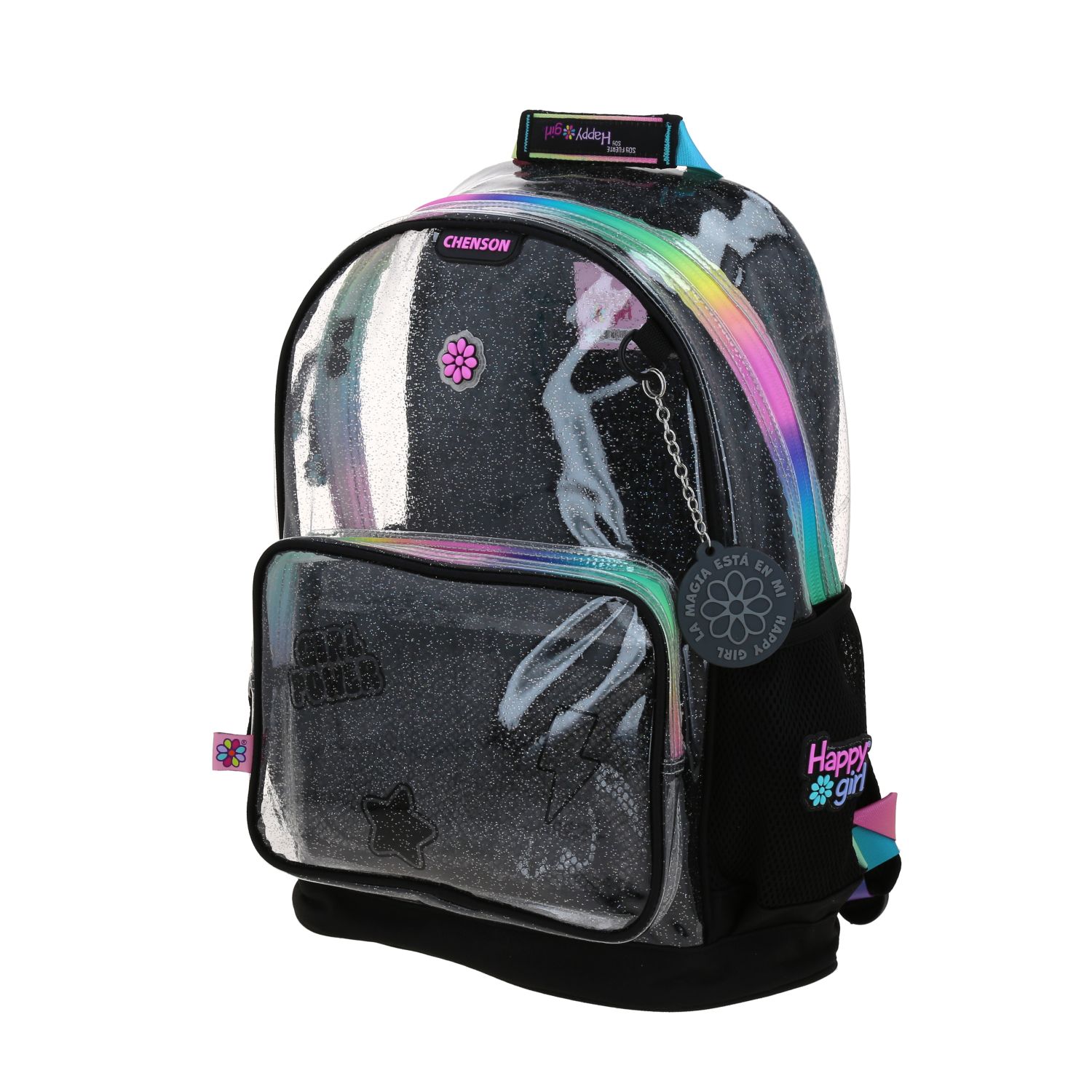 Mochila escolar Happy Girl negro PVC transparente para niña 2