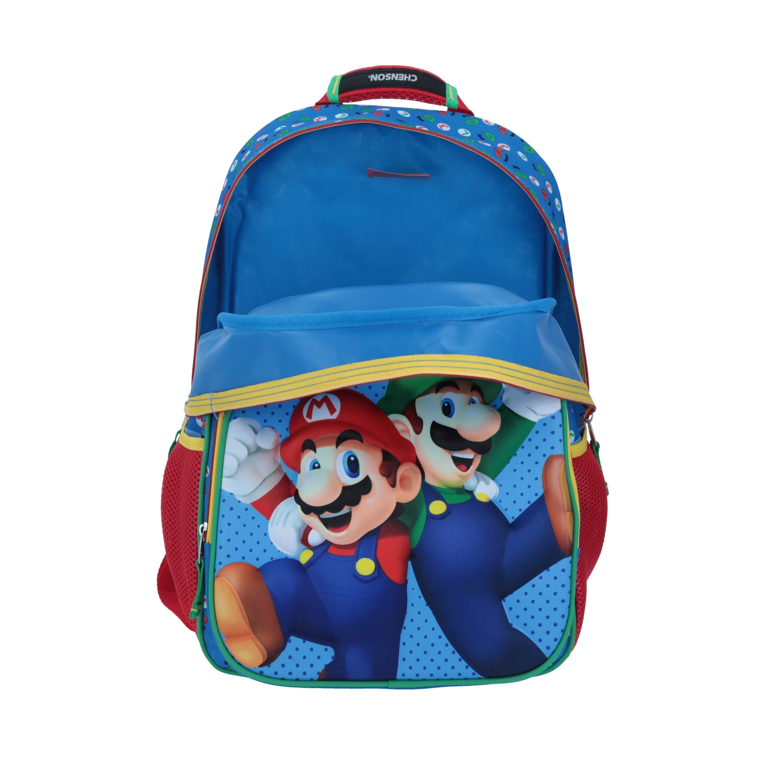 Mochila Escolar Mario Bros Azul Chenson - Bolsillos y Cierre - vista 2