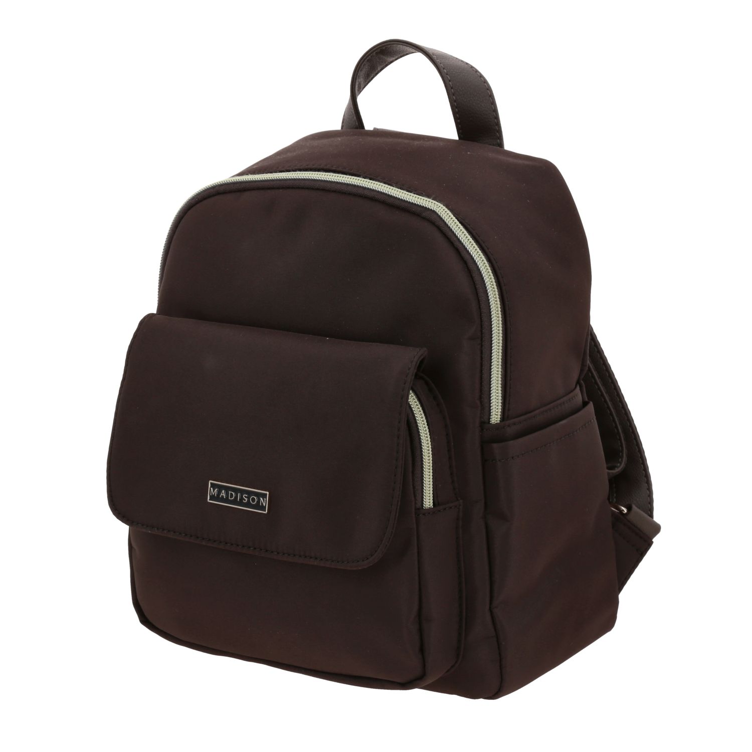 Mochila casual para dama Madison by Chenson café satinado con funcionalidad 2