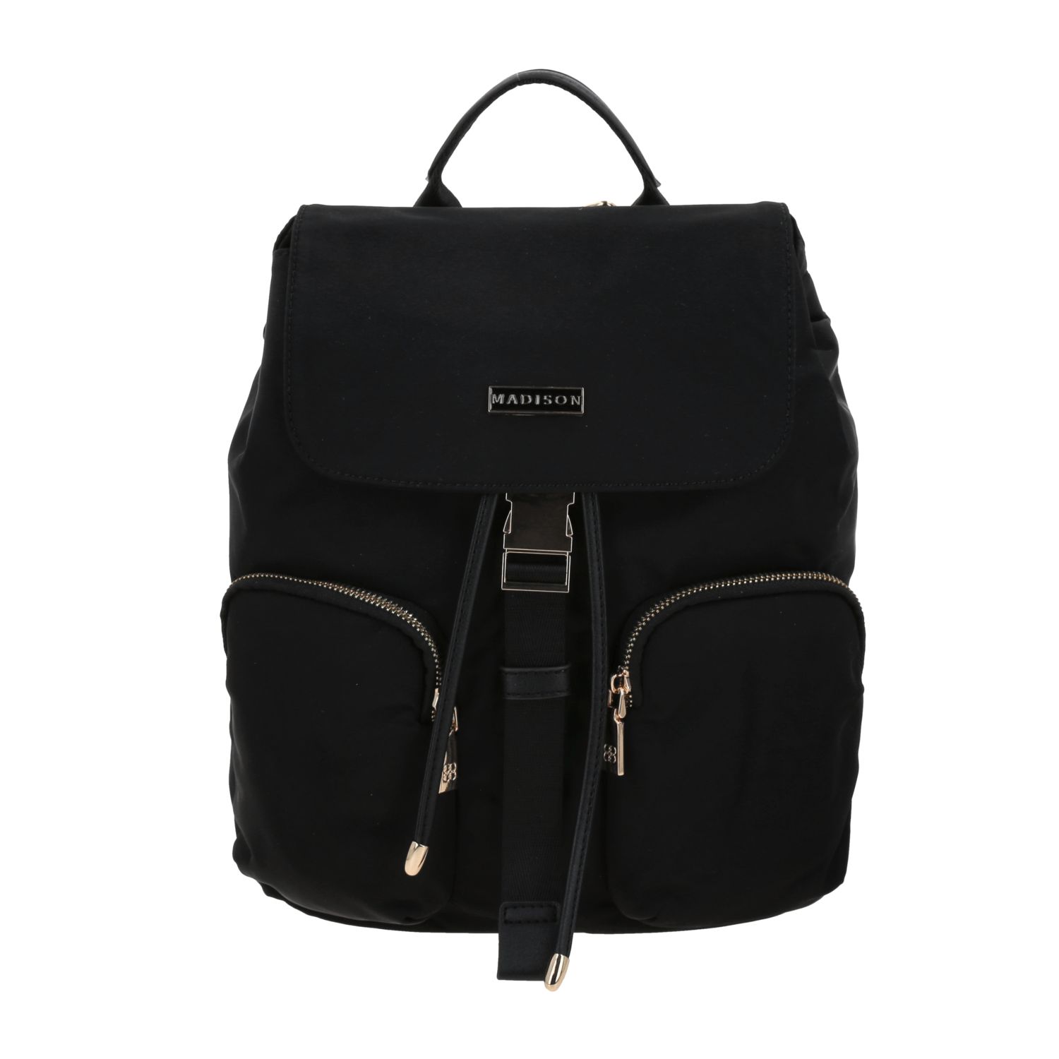 Mochila para dama Madison by Chenson negra con doble bolsillo frontal