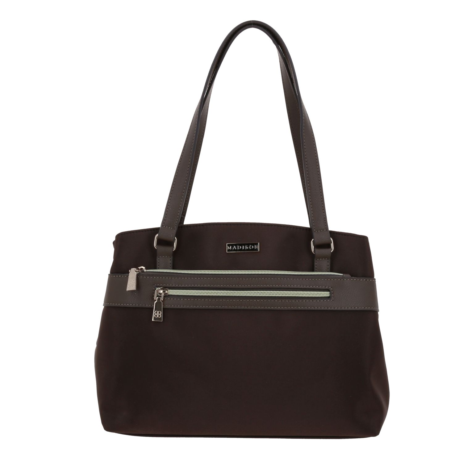 Bolsa grande para dama Madison by Chenson color café satinado con bolsillo frontal