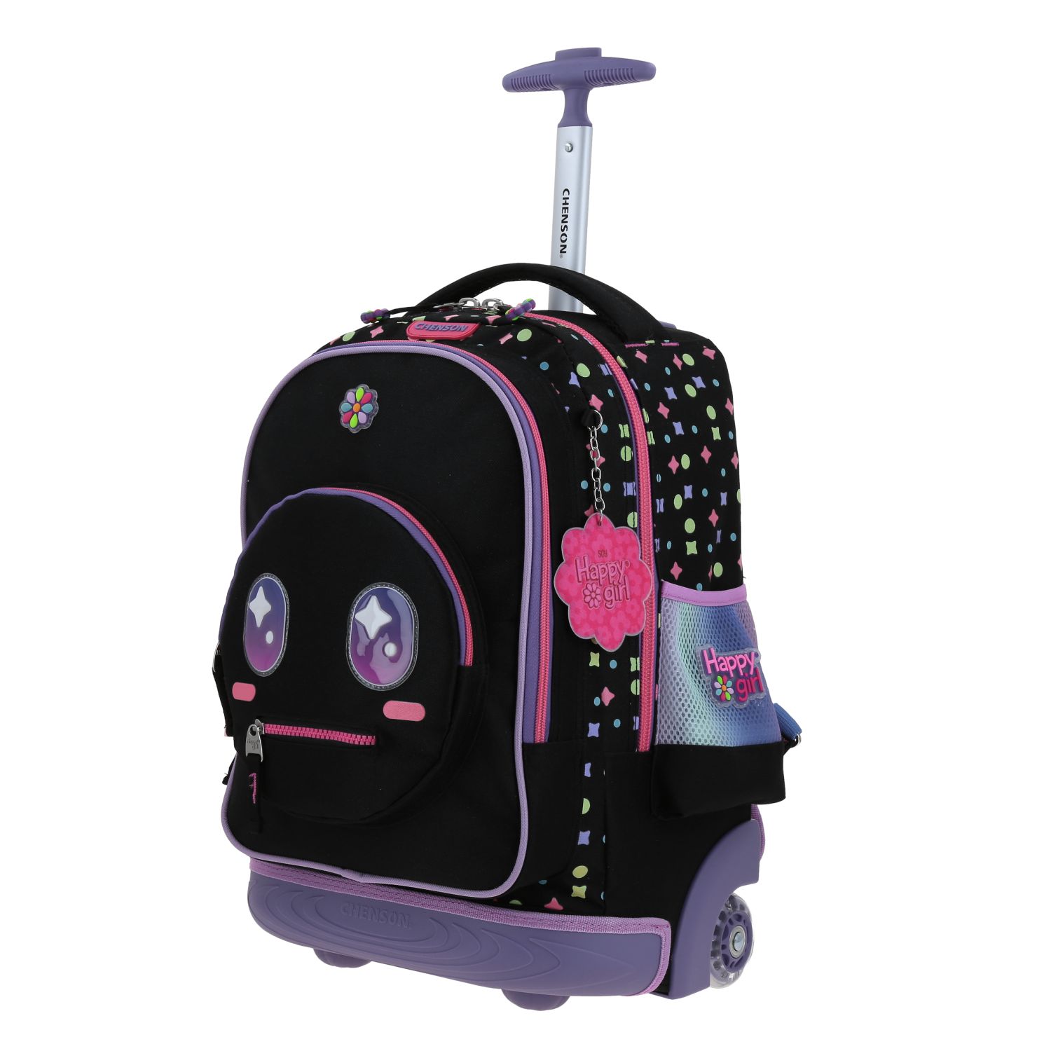 Mochila con Ruedas Happy Girl Negro para Niña – Doble bolsillo y luces LED 2