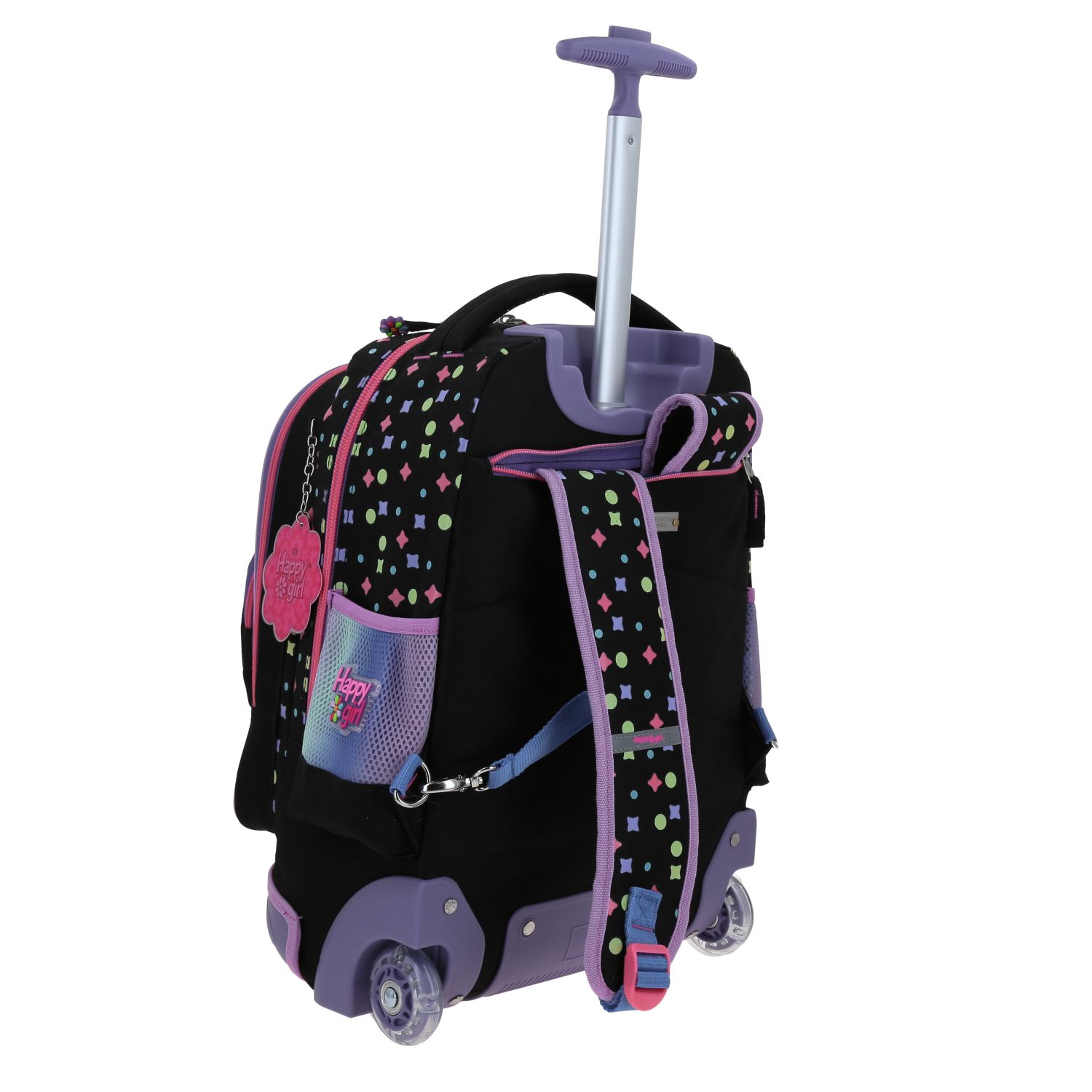 Mochila con Ruedas Happy Girl Negro para Niña – Doble bolsillo y luces LED 3