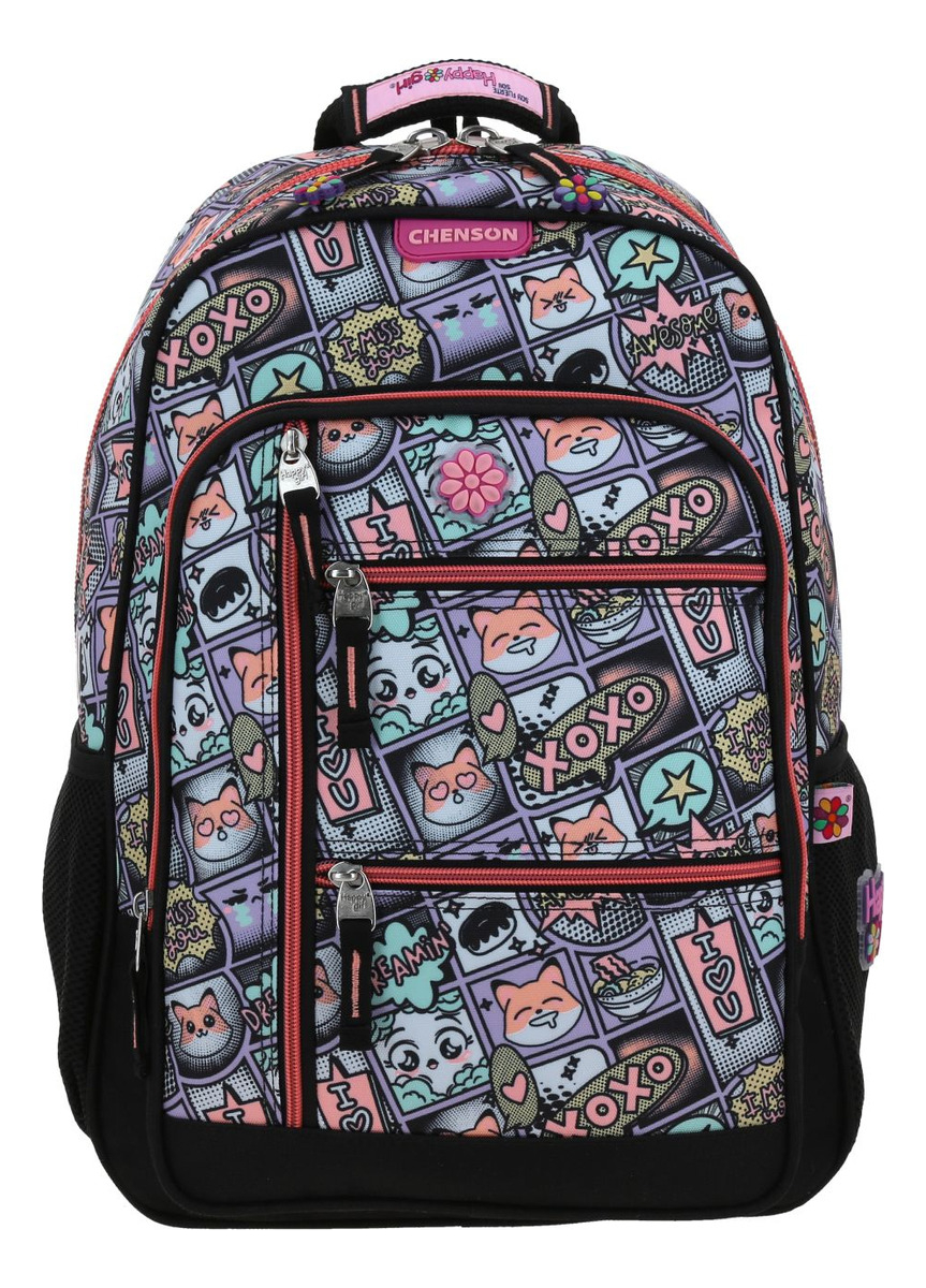Mochila Escolar Backpack Chenson Happy Girl Portalaptop Rosa Color Negro Diseño De La Tela Lisa 4