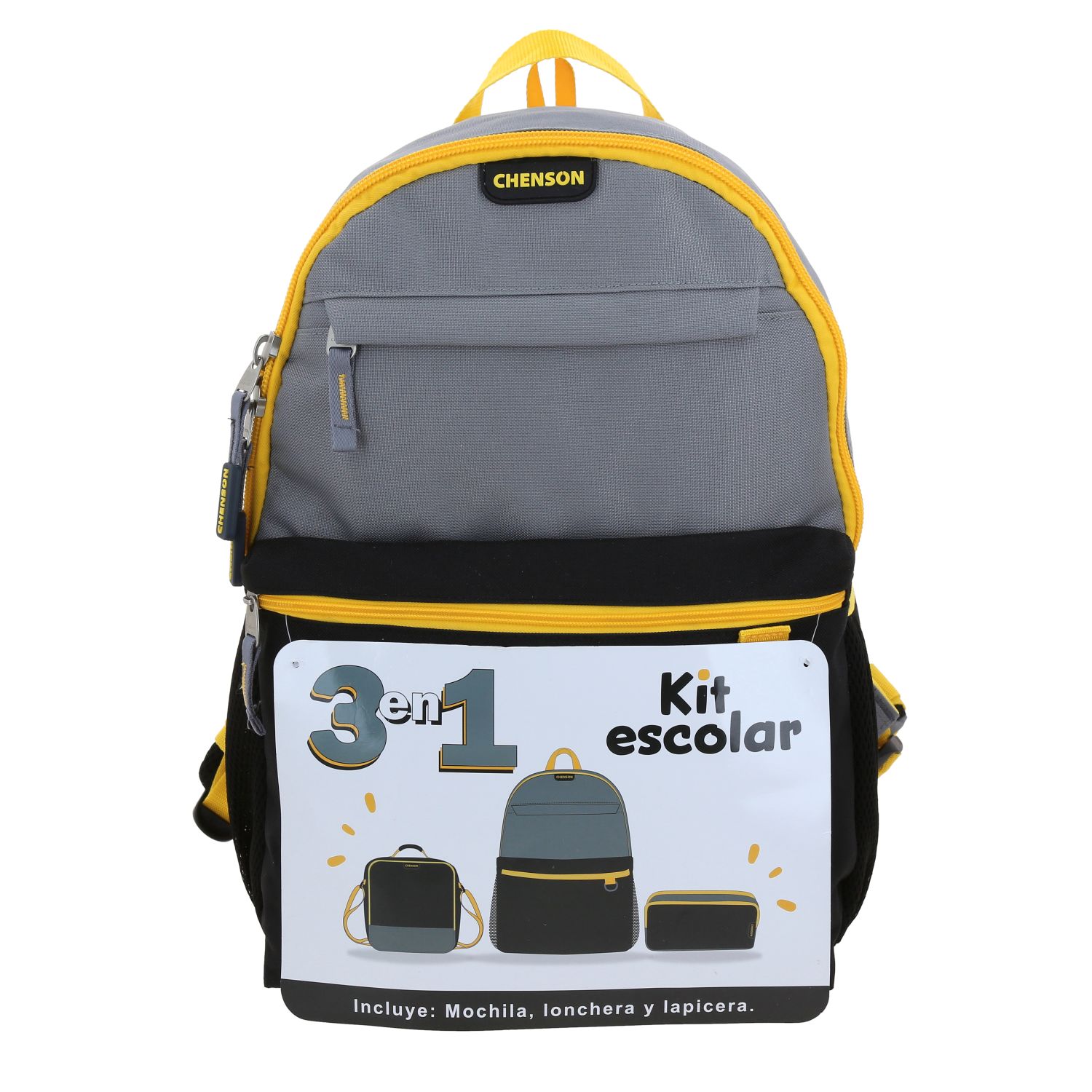 Mochila escolar Chenson Original gris con kit 3×1 – Amplio espacio y estilo