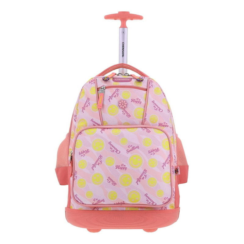 Mochila Grande Chenson Gatitos Happy Girl Ruedas Luz Led Color Rosa Claro Diseño De La Tela Emoji