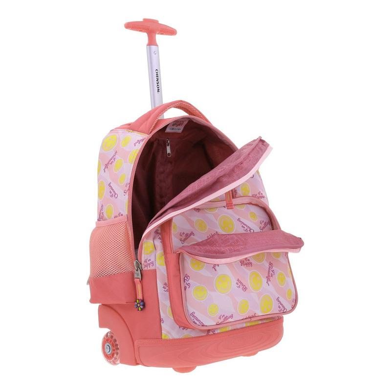 Mochila Grande Chenson Gatitos Happy Girl Ruedas Luz Led Color Rosa Claro Diseño De La Tela Emoji 3