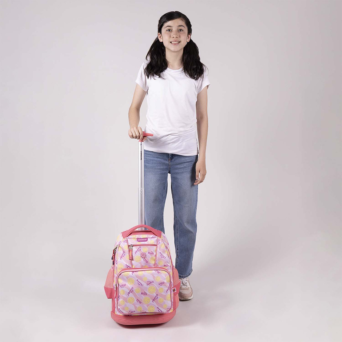 Mochila Grande Chenson Gatitos Happy Girl Ruedas Luz Led Color Rosa Claro Diseño De La Tela Emoji - vista 2