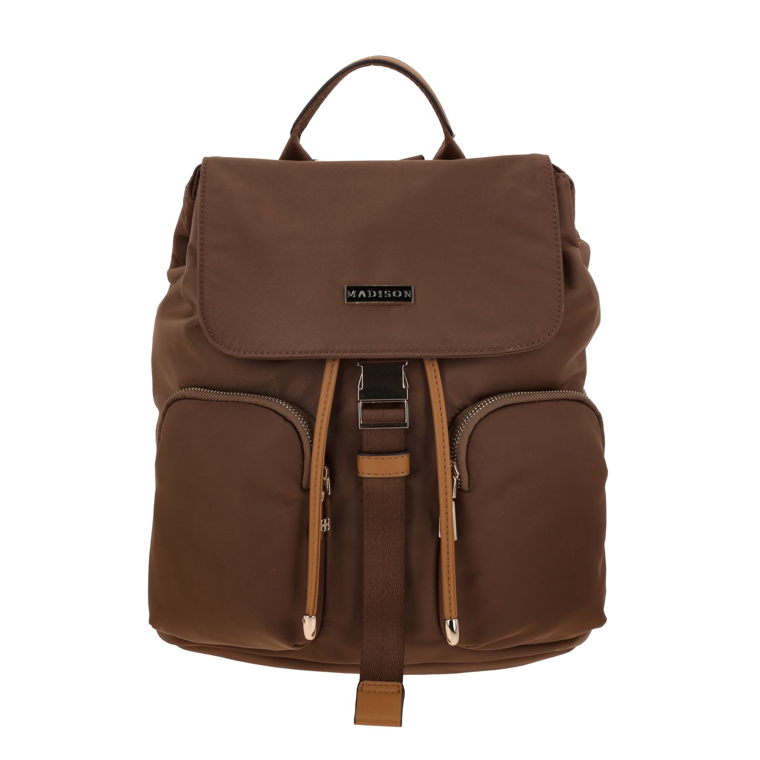 Mochila para mujer casual Madison by Chenson color café con doble bolsillo frontal